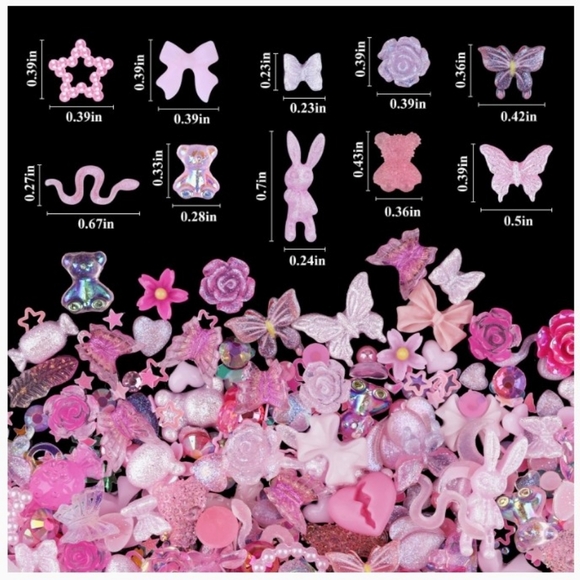 3D Nail Charm Art NEW Pink -100 Mixed Pieces -Rabbit, Butterfly, Rose, Heart Etc - Picture 6 of 8